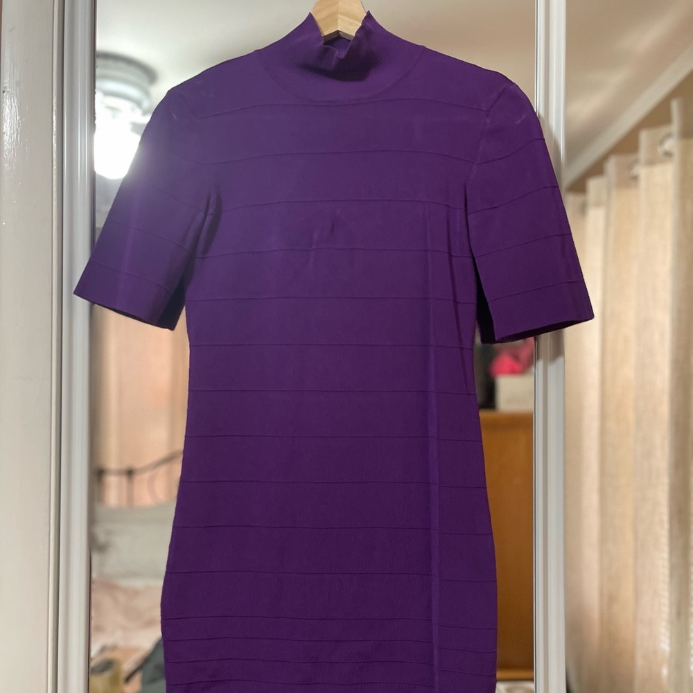 Bebe purple short sleeve dress with cross cut on the back